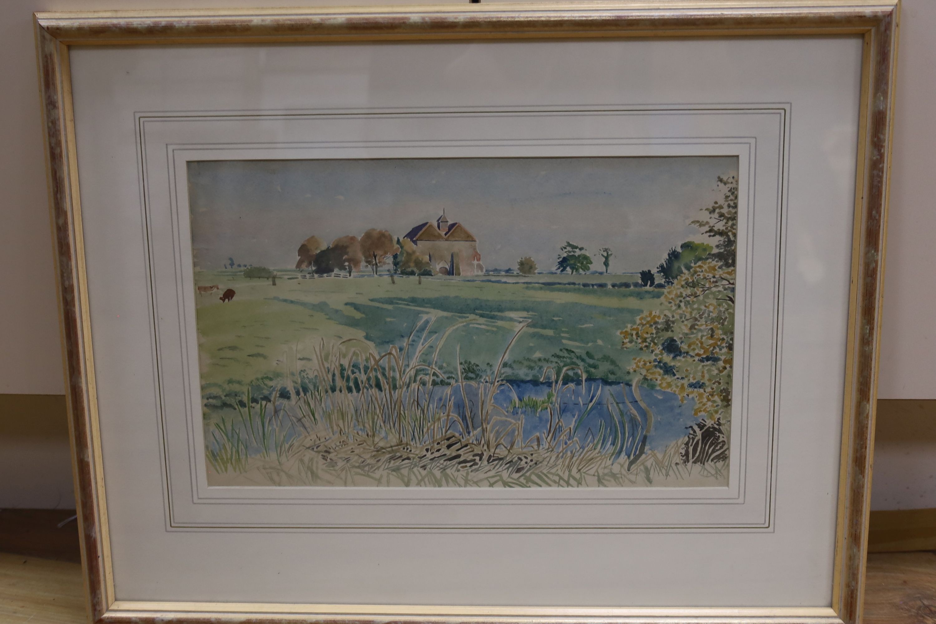 Guy Seymour Warre Mallett (1900-1973), watercolour, 'Guldeford, Sussex across the Marsh', Abbott & Holder label verso, 21 x 34cm